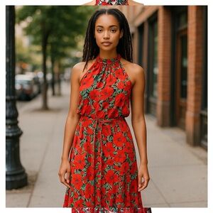 Pretty Garden Red Halter Tie Front Maxi Dress